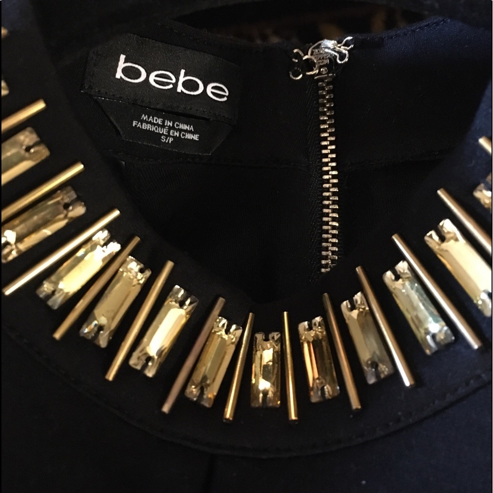 BEBE gold & black bling halter peplum top size S